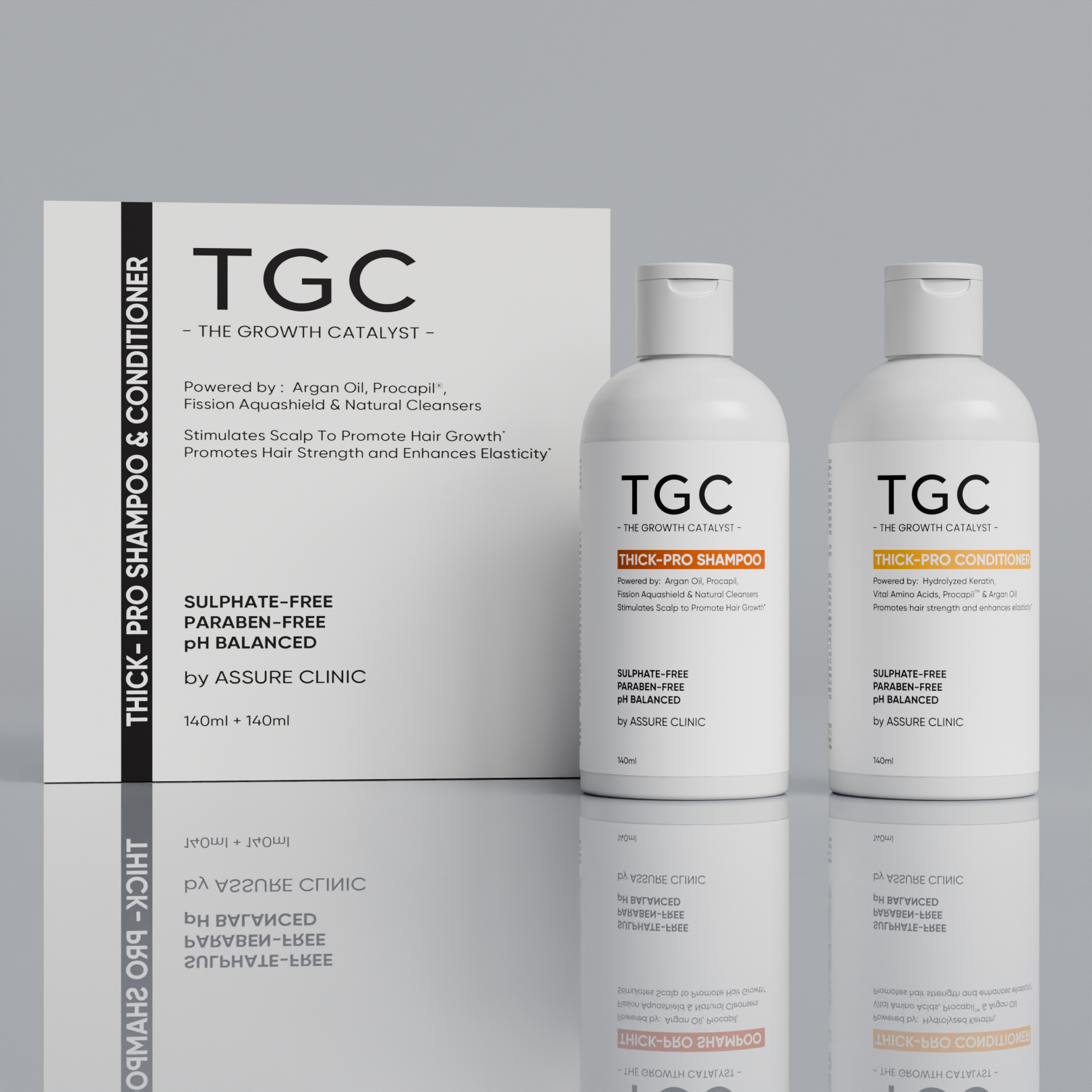 TGC The Growth Catalyst by Assure Clinic l Thick Pro Shampoo & Conditioner Set – Volumizing, Strengthening Formula for Fuller Hair l Sulphate-Free, Paraben-Free l Procapil, Argan Oil – 2 x 140ml